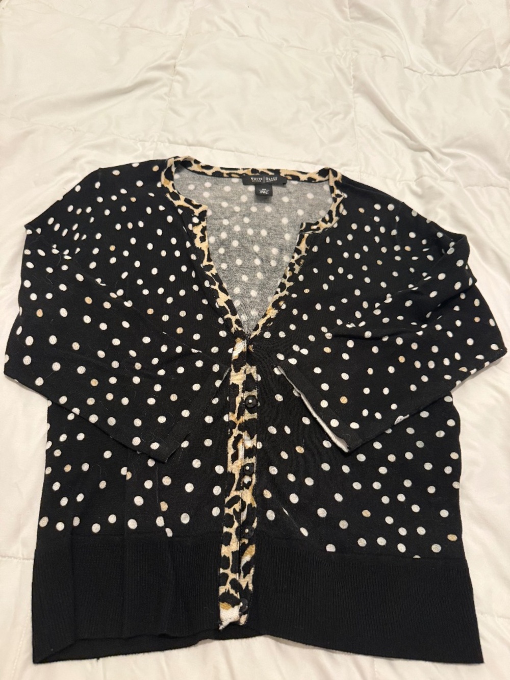 White House Black Market M Polka Dot Leopard Trim Cardigan Cropped Sleeve